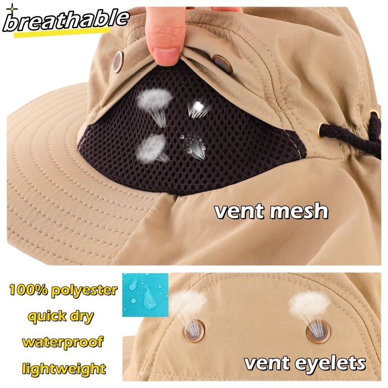 LLmoway Mens Outdoor Sun Protection Cap Wide Brim Breathable Mesh Boonie Hat with Neck Flap Khaki - Image 4